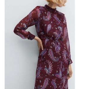 MANGO Flowy Paisley-Print Midi Dress Women Size XL Long Sleeve